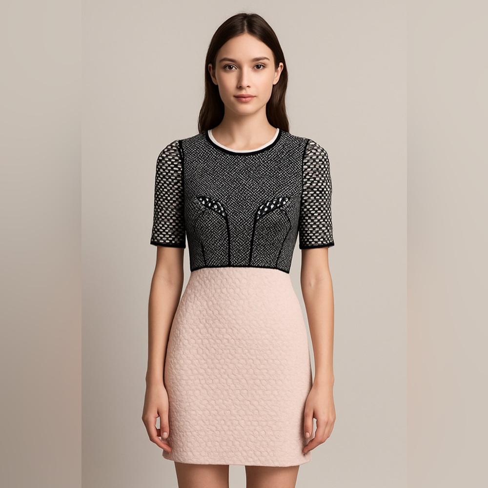 Pink and Black Sheath Mini Dress with Crew Neck